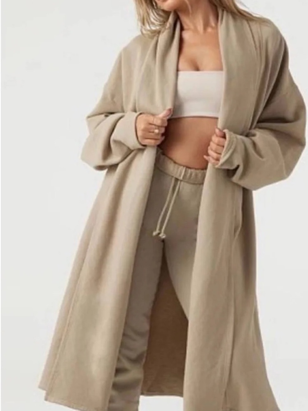 Joah Brown Oversized Open-Front Duster Coatigan in Beige